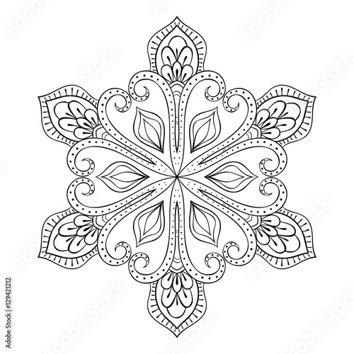 Vector snow flake in zentangle style, doodle mandala for adult c