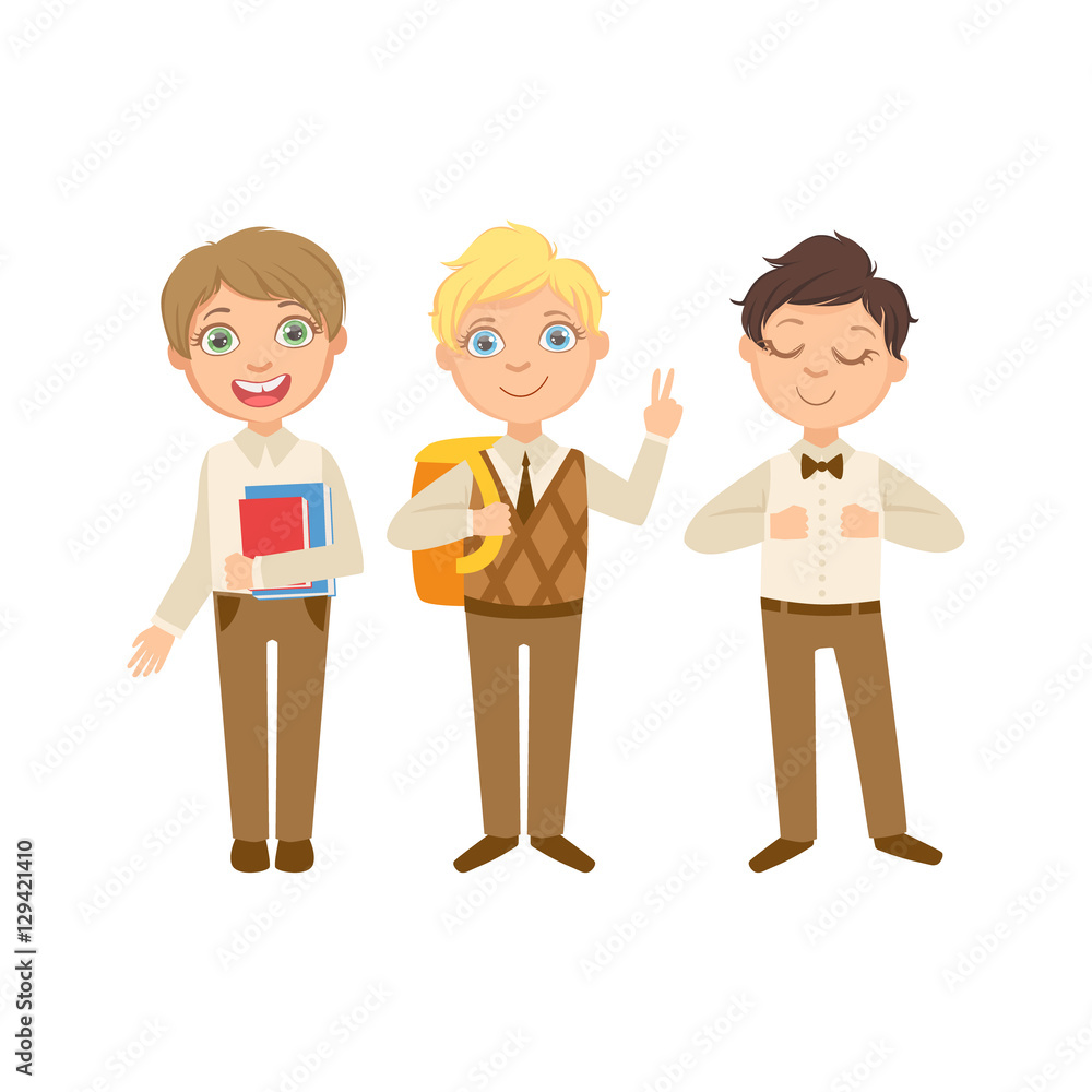 Boys In Brown Outfits Happy Schoolkids In Similar Collection School Uniforms Standing And Smiling Cartoon Character Boys In Brown Outfits Happy Schoolkids In Similar Collection School Uniforms Standing And Smiling Cartoon Character