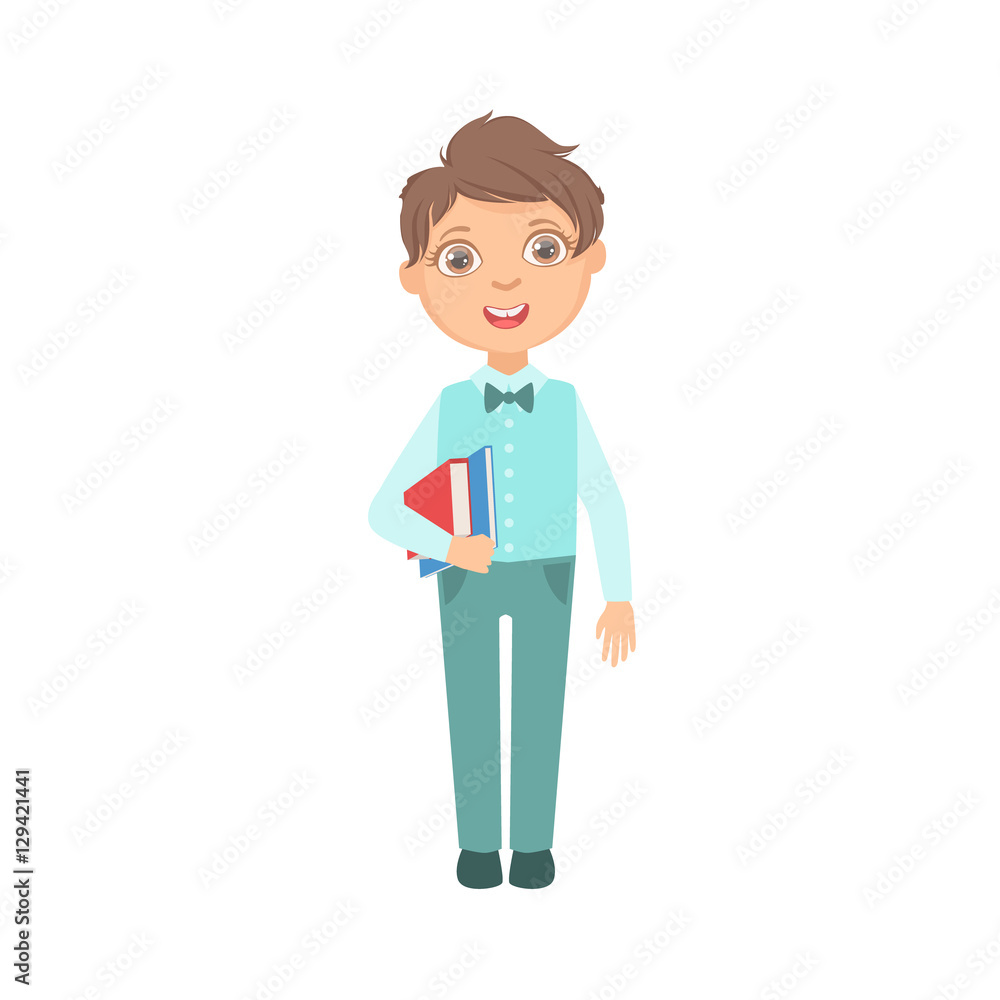 Boy In Blue Trousers And Vest Holding Books Happy Schoolkid In School Uniform Standing And Smiling Cartoon Character Boy In Blue Trousers And Vest Holding Books Happy Schoolkid In School Uniform Standing And Smiling Cartoon Character