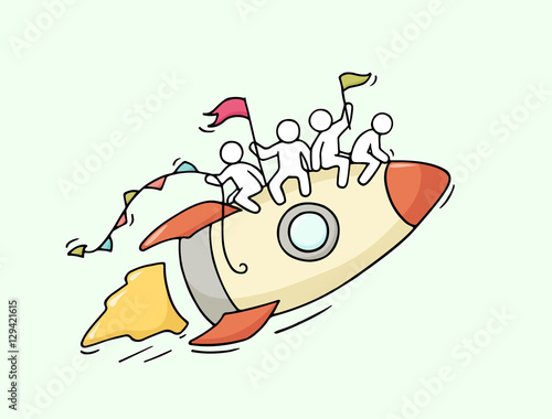 Sketch of  little people with flying rocket.