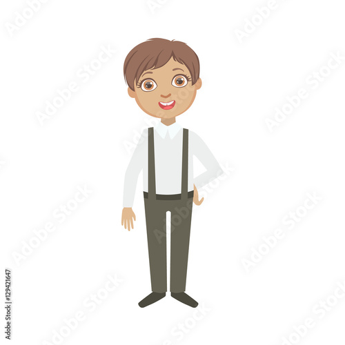 Boy In Black Pants With Suspenders Happy Schoolkid In School Uniform Standing And Smiling Cartoon Character