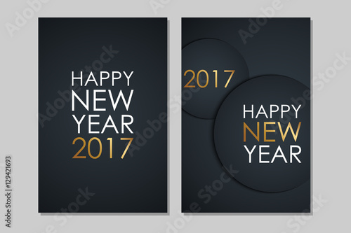 2017 Happy New Year greeting cards with golden colored elements and black background. Vector illustration.