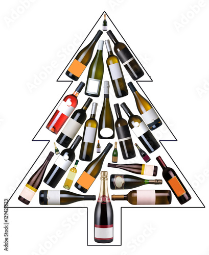 Wine bottles Christmas tree on 100% white background