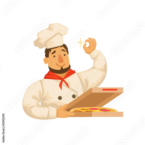 Chef Packing Pizza In Box,Part Of Italian Fast Food Cuisine Restaurant Takeout Delivery Service Collection Of Illustrations