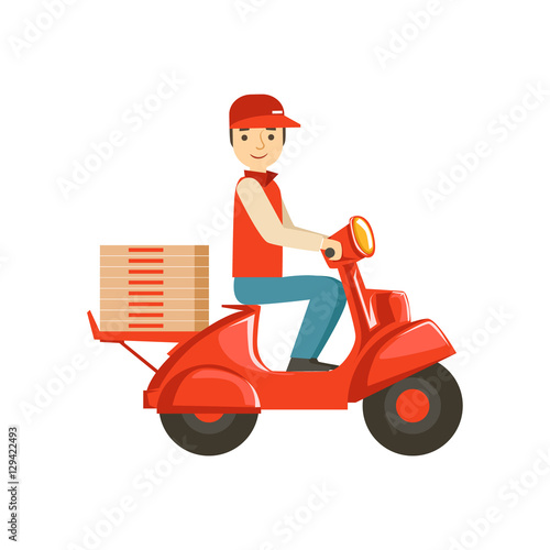 Curier On Scooter Delvering Pizza,Part Of Italian Fast Food Cuisine Restaurant Takeout Delivery Service Collection Of Illustrations