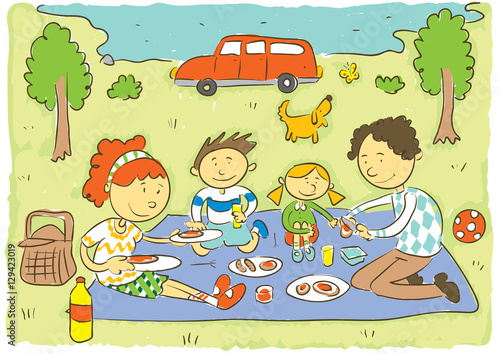 Family picnic.Child's hand drawing vector illustration on happy family having picnic of meadow