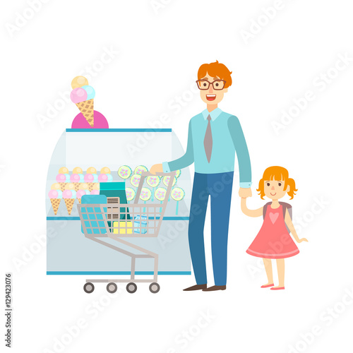Father And Daughter Shopping For Sweets  Shopping Mall And Department Store Section Illustration