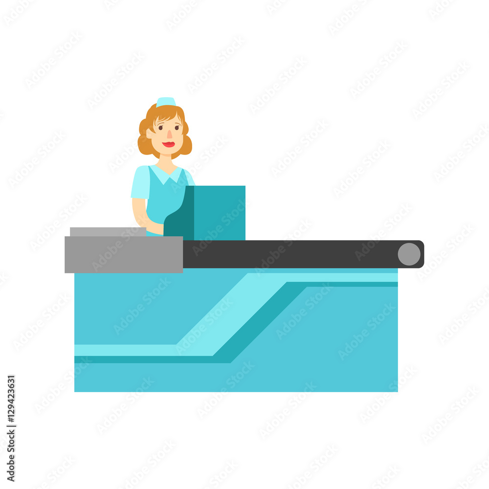 Woman Cashier At The Counter, Shopping Mall And Department Store Section Illustration