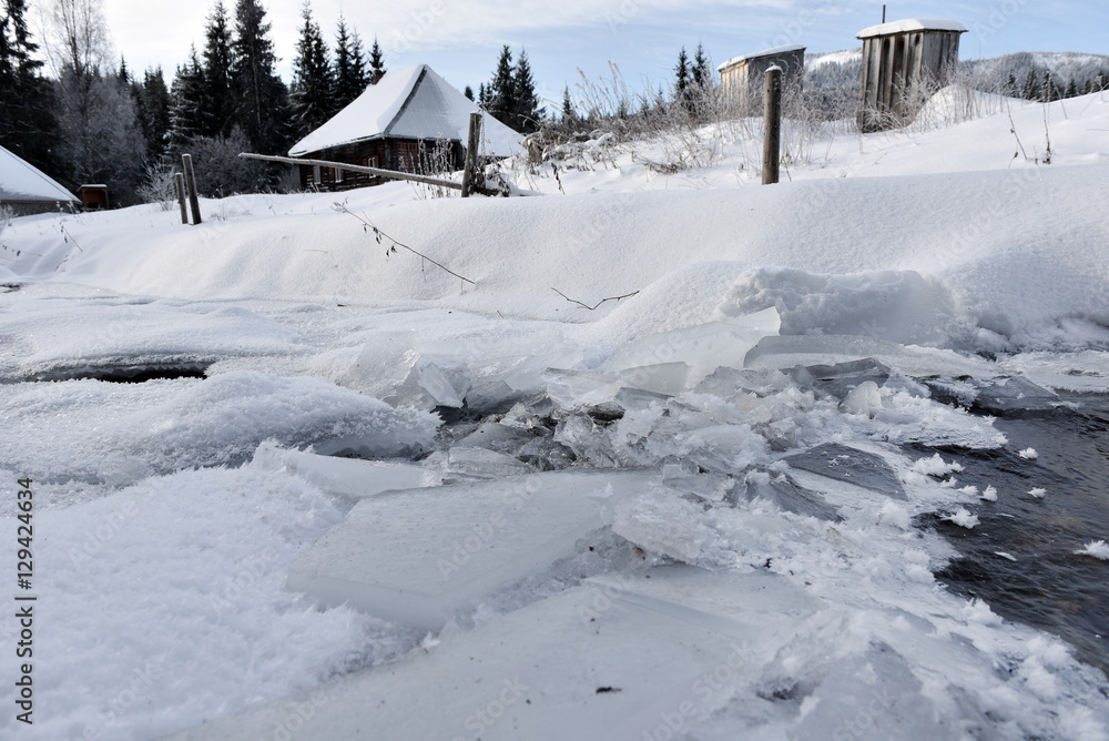 Winter landscape of a small snowy river Winter landscape of a small snowy river