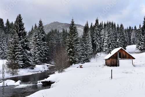 Alpine house covered with snow in the mountains © salajean