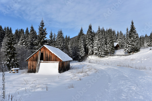 Mountain wooden chalet covered with fresh snow