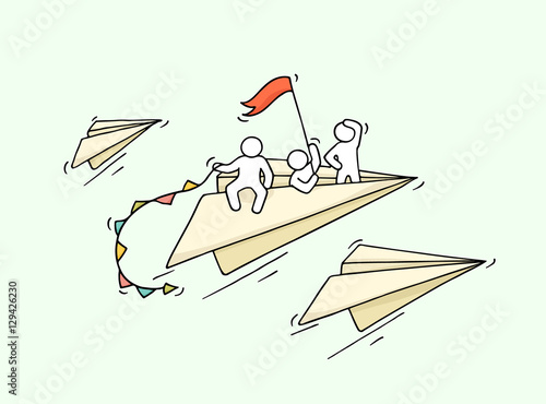 Sketch of flying paper plane with little workers.