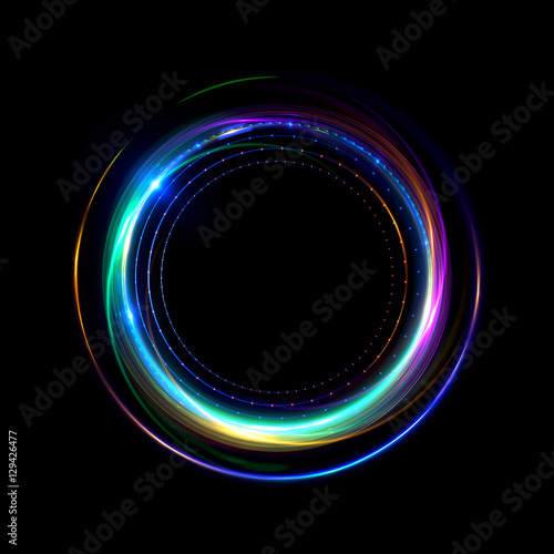 Abstract neon background. luminous swirling bunner. Glowing spiral. Shine round frame with light circles light effect. Glowing cover. Space for your message. Glossy. LED ellipse