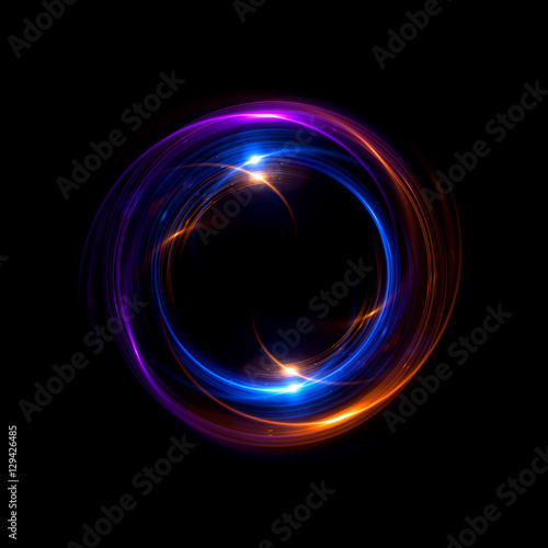 Abstract neon background. luminous swirling bunner. Glowing spiral. Shine round frame with light circles light effect. Glowing cover. Space for your message. Glossy. LED ellipse