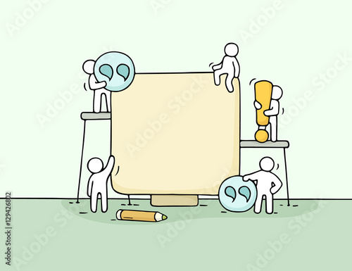 Cartoon working little people with quote.