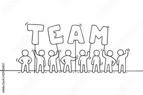 Sketch of working little people with word Team.