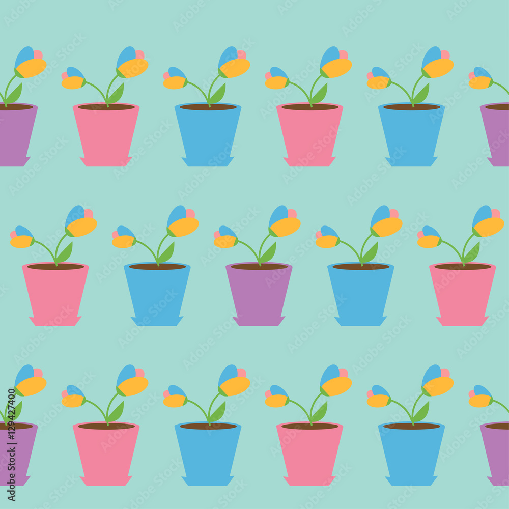 Tulip flower set in pot. Seamless Pattern Wrapping paper, textile template. Blue background. Flat design. Tulip flower set in pot. Seamless Pattern Wrapping paper, textile template. Blue background. Flat design.