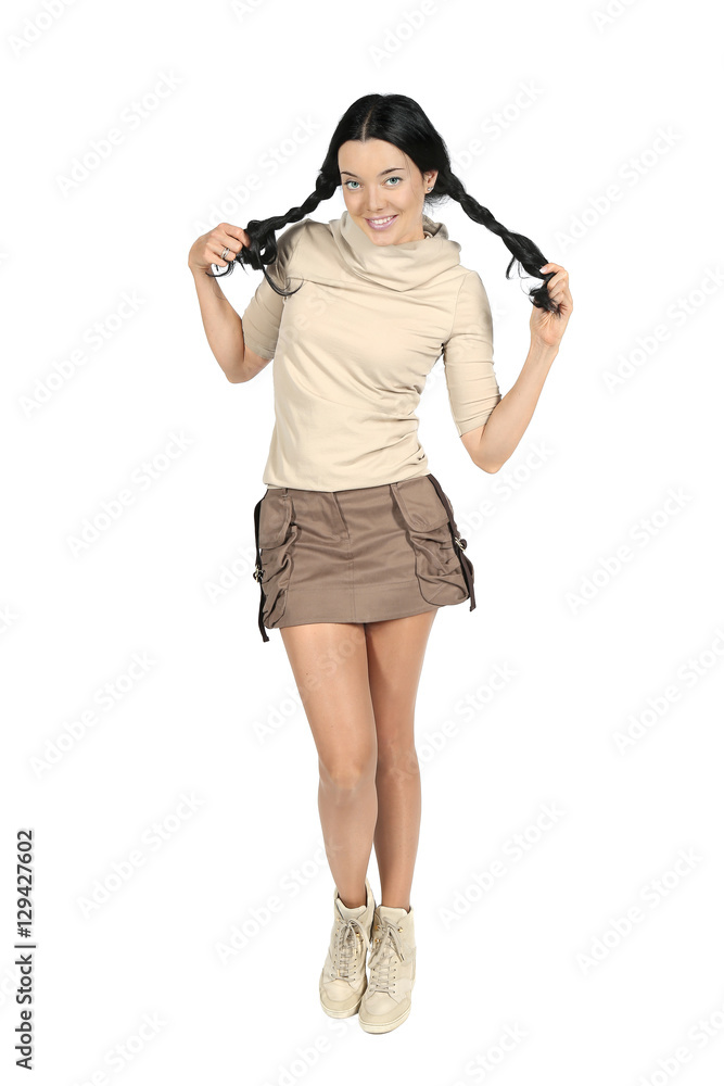 Cheerful young woman with braids on white Cheerful young woman with braids on white