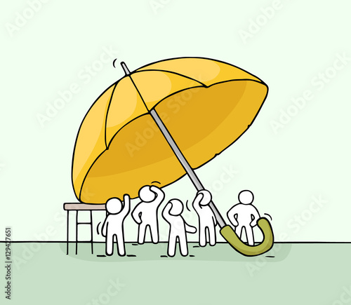 Sketch of crowd little people under umbrella.