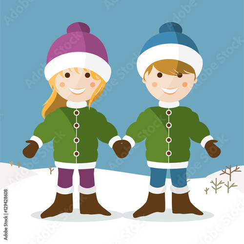 Niños con ropa de invierno sobre un fondo nevado