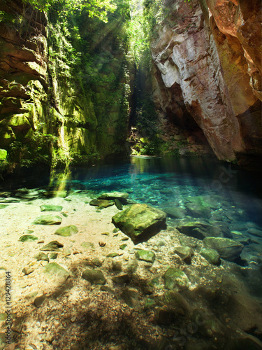 Natural blue water pool in a canyon in Chapada das Mesas, Brazil