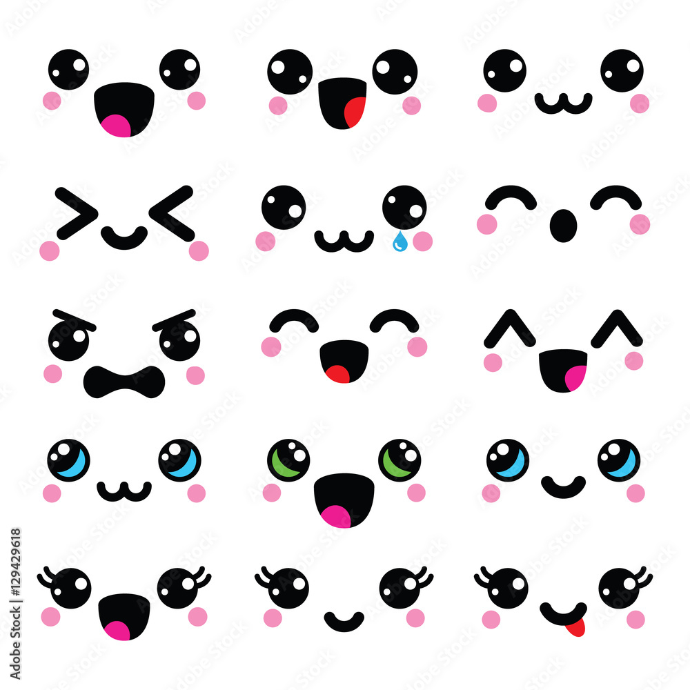 Kawaii cute faces, Kawaii emoticons, adorable characters design vector de  Stock | Adobe Stock