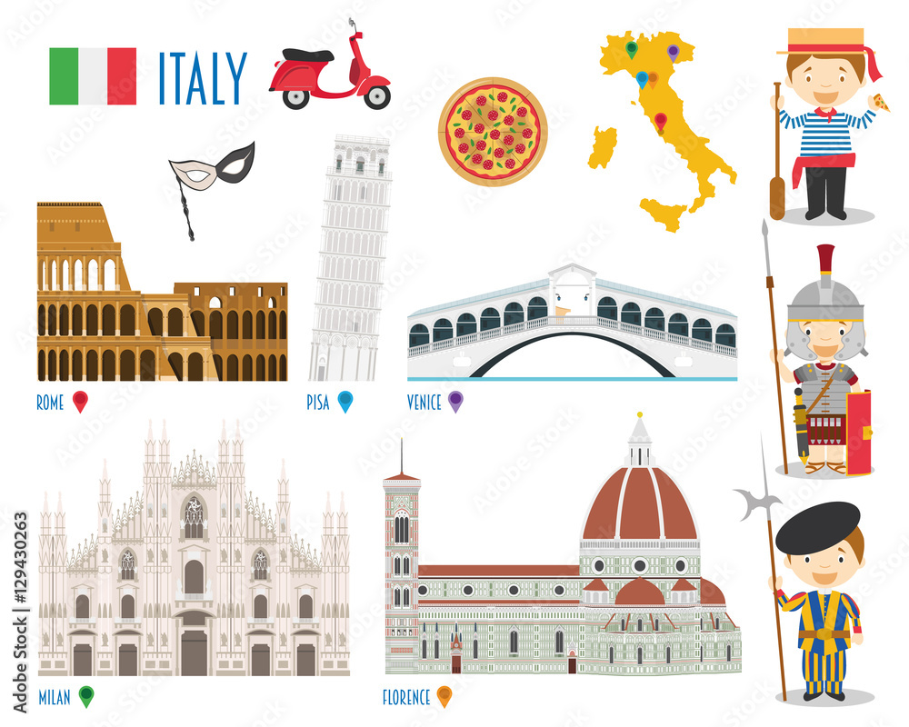 Italy Flat Icon Set Travel and tourism concept. Vector illustration