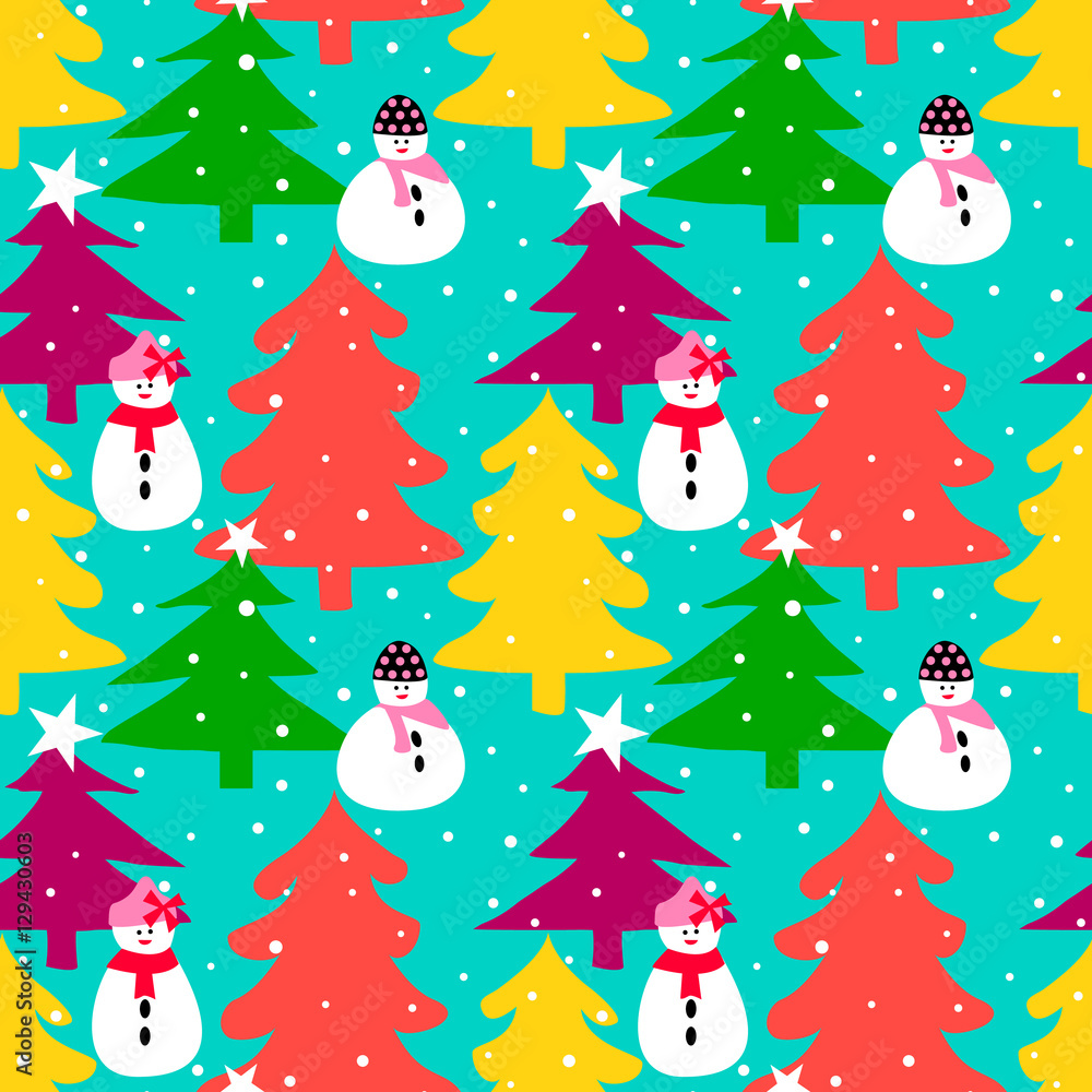 Winter seamless pattern with tree and snowman. Christmas background. Winter seamless pattern with tree and snowman. Christmas background.