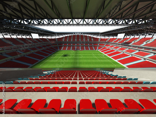 3D render of a large capacity Stadium with an open roof and red chairs