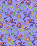 Floral seamless background pattern with flowers and birds. Colorful vector illustration hand drawn. Spring - summer season.

