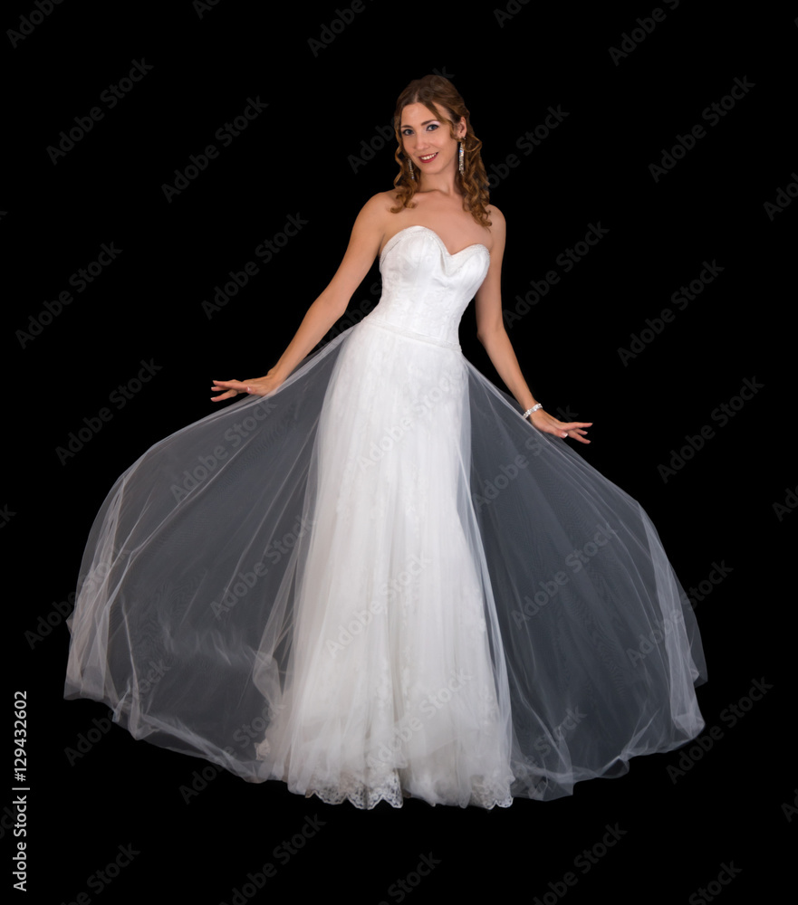 Beautiful bride in white dress isolated on black background. Beautiful bride in white dress isolated on black background.