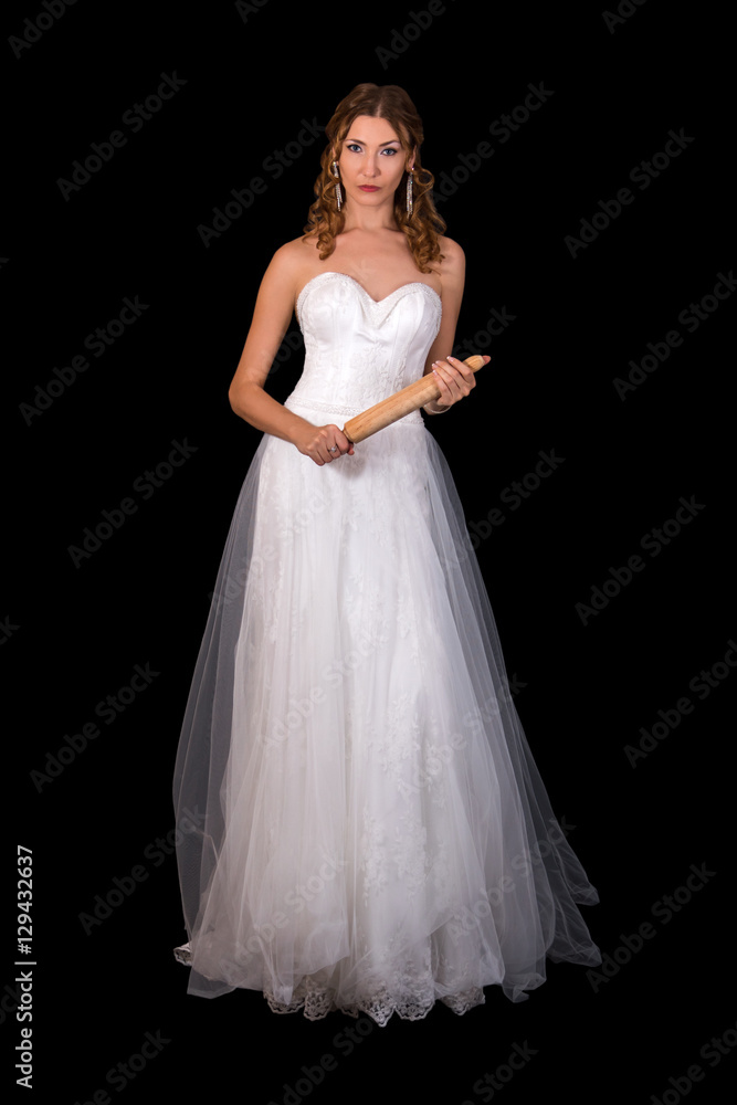 Beautiful bride in white dress isolated on black background.