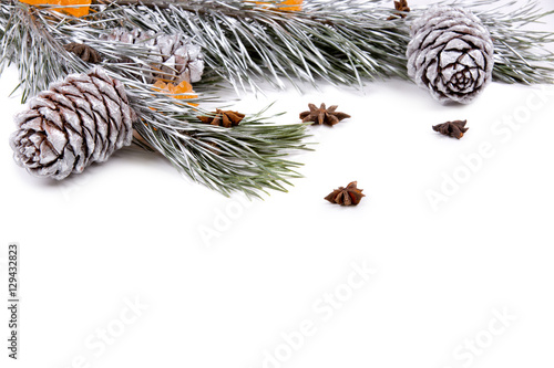 Silver pine branches with silver pine cones, star anise, and grape sugar on a white background