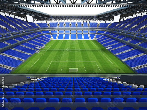 3D render of a large capacity Stadium with an open roof and blue chairs