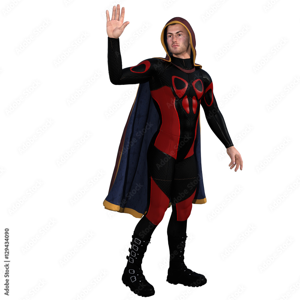One young man in a super suit and a red cloak. He is half turning back and waving goodbye One young man in a super suit and a red cloak. He is half turning back and waving goodbye
