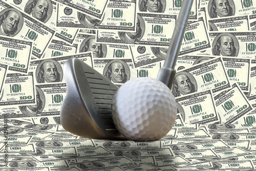 a golf iron, a golf ball and us dollars