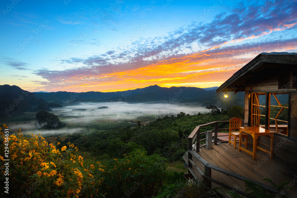 Phu Langka national park, The landscape of misty mountains and at sunrise, Phayao Northen Thailand