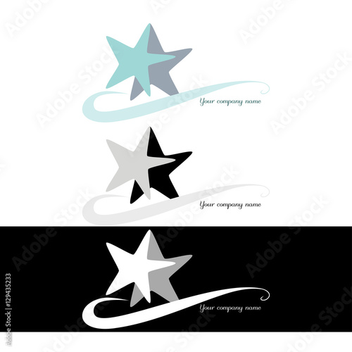 Couple of stylized irregular stars and swoosh expresses movement as in dancing or figure skating in blue gray tones and in black white variations - usable as logo template for corporate identity