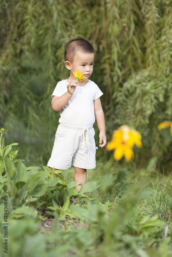 Cute Chinese baby boy playing in a park