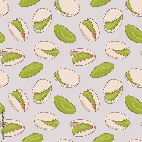 Seamless pattern with shelled and whole pistachio nuts. Hand drawn vector seamless pattern, eps10. For backgrounds, packaging, ads, interiors, labels and other designs.
