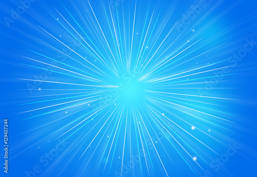 Abstract sparkles rays light explosion blue background texture.