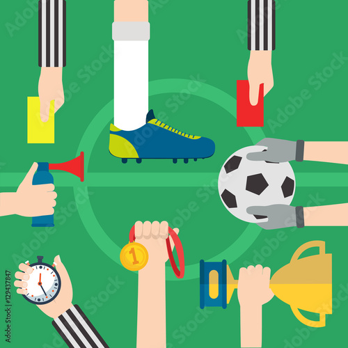 Football, soccer items with hands and foot, football field background
