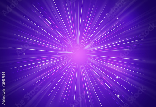 Abstract sparkles rays light explosion purple background/texture.