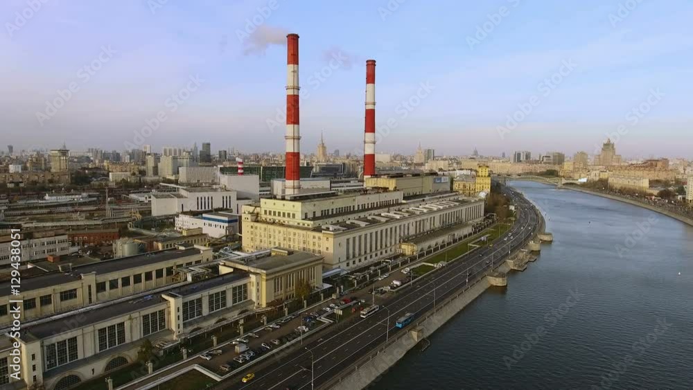 Views of Moscow. Aerial view of heat power station near the Moskva River. 4K Views of Moscow. Aerial view of heat power station near the Moskva River. 4K