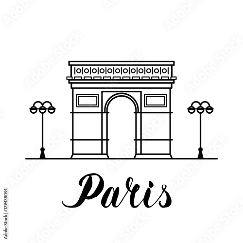 Paris landmark Arc of Triumf line art illustration with hand drawn lettering