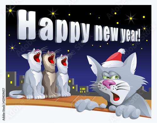 Happy new year card with cats on the roof. Cartoon styled vector illustration. Elements is grouped and divided into layers.