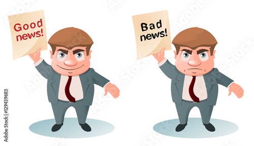 Good News Bad News - Businessman holding sign. Cartoon styled vector illustration. Elements is grouped and divided into layers for easy edit.