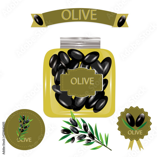 set of black olives in a glass jar labels branch with olives isolated white background vector