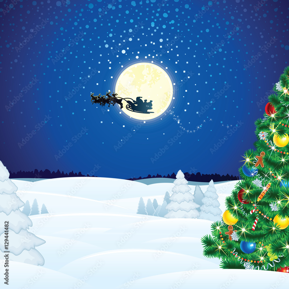 Fototapeta premium Winter Christmas Scene with Santa Sleigh