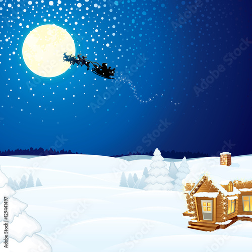Winter Scene with Santa Claus Wooden House
